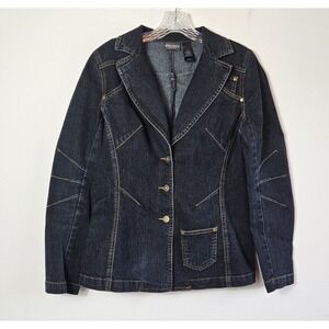 Bisou Bisou Blue Denim Dark Wash Blazer Jacket Size 10 Long Sleeves Whimsigoth‎